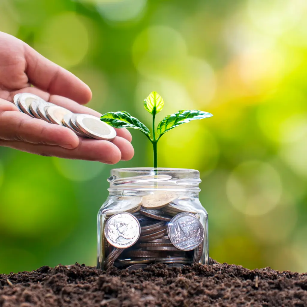 coins in a jar with a plant growing